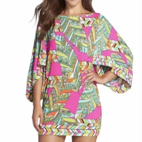 TRINA TURK Tuvalu Tunic Swim Cover Kaftan Dress Size Large Pink Multi Tropical - Picture 1 of 7